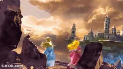 Princess Zelda And Princess Peach Walking Towards Castle GIF