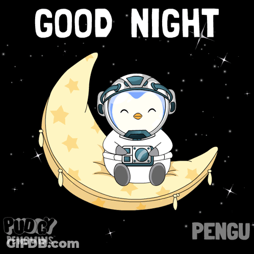 Puddy Penguin Sitting On Crescent Moon GIF