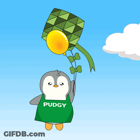 Pudgy Cartoon Penguin Holding Kite And Yellow Balloon GIF