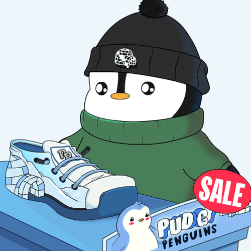 Pudgy Penguin Buying Shoes On Sale GIF