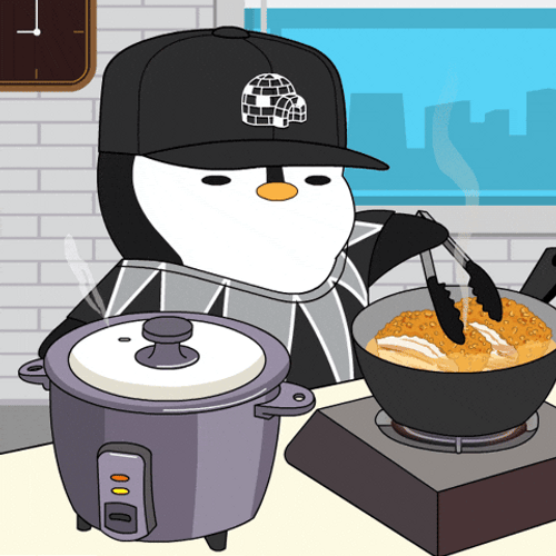 Pudgy Penguin Cooking Rice And Meat GIF