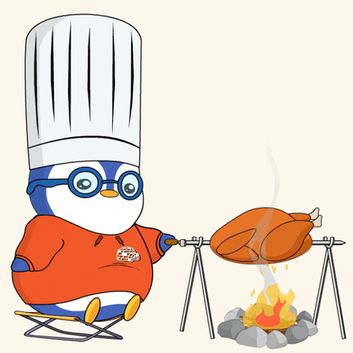 Pudgy Penguin Cooking Roasted Chicken GIF