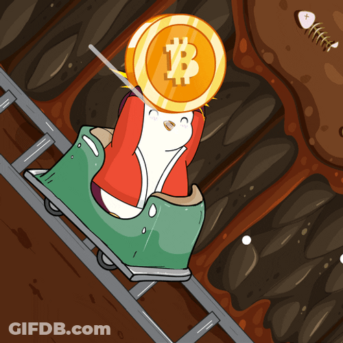 Pudgy Penguin Holding Bitcoin In Roller Coaster Car GIF