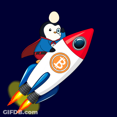 Pudgy Penguin On Flying Rocket With Bitcoin Logo GIF