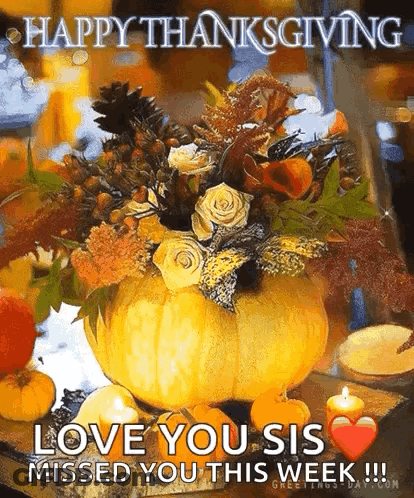 Pumpkin Filled With Flowers And Candles With Happy Thanksgiving Message GIF