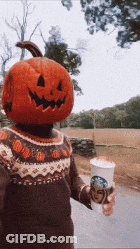 Pumpkin Head Person Holding Starbucks Hot Chocolate GIF