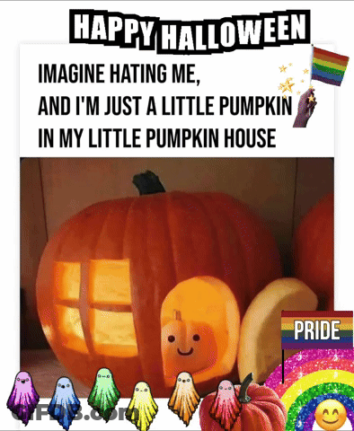 Pumpkin With Carved Face Surrounded By Ghosts Saying Happy Halloween GIF