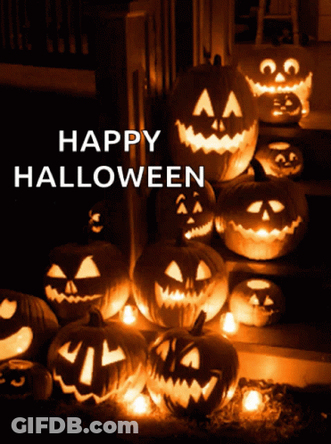 Pumpkins With Carved Faces Saying Happy Halloween GIF