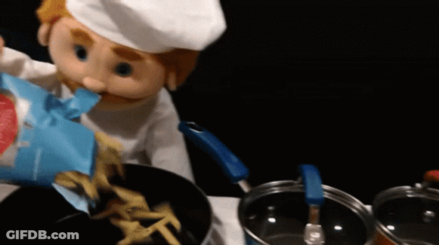 Puppet Chef Cooking Penne Pasta GIF