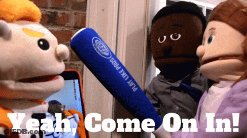 Puppet Holding Blue Bat Saying Yeah Come On In GIF