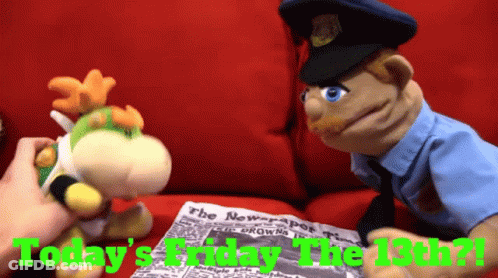 Puppet Holding Newspaper Saying Today's Friday The 13Th GIF