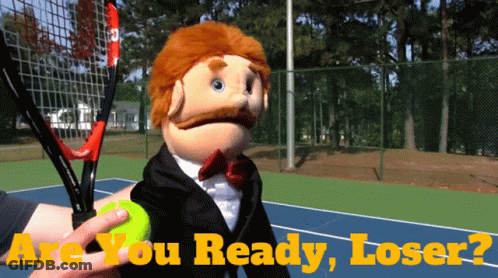 Puppet Holding Tennis Racquet On Court Are You Ready Loser GIF