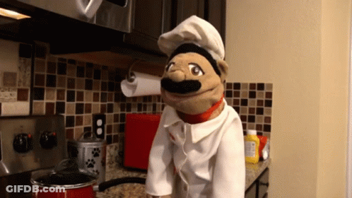 Puppet In Chef Uniform In Kitchen GIF