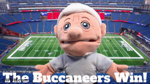 Puppet In Front Of Football Field Saying The Buccaneers Win GIF