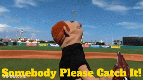Puppet On Baseball Field Saying Somebody Please Catch It GIF