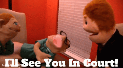 Puppet Saying I'll See You In Court With Another Puppet Looking Out Window GIF