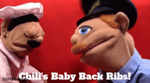 Puppet Says Chili's Baby Back Ribs With Another Puppet GIF