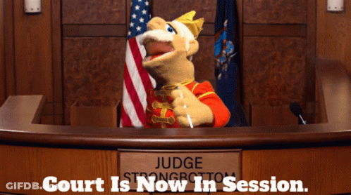 Puppet Sitting At Judge Bench Court Is Now In Session GIF