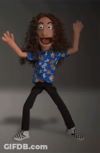 Puppet With Long Curly Hair In Blue Shirt And Checkered Shoes GIF
