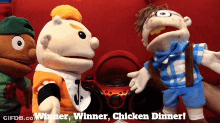 Puppets Celebrate Winner Winner Chicken Dinner GIF