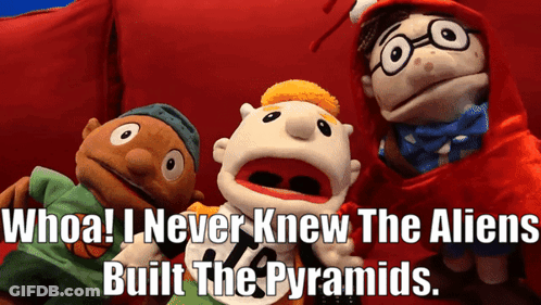Puppets On Red Couch Say Whoa Aliens Built Pyramids GIF