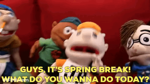 Puppets On Red Couch Saying Guys It's Spring Break GIF