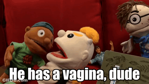 Puppets On Red Couch Saying He Has A Vagina Dude GIF