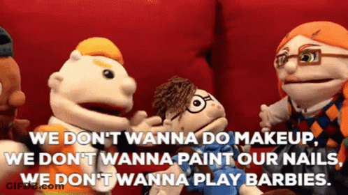 Puppets On Red Couch Saying We Don't Wanna Do Makeup GIF
