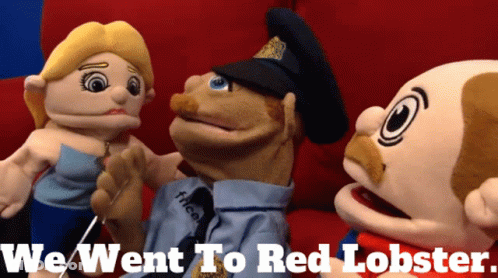 Puppets On Red Couch Saying We Went To Red Lobster GIF