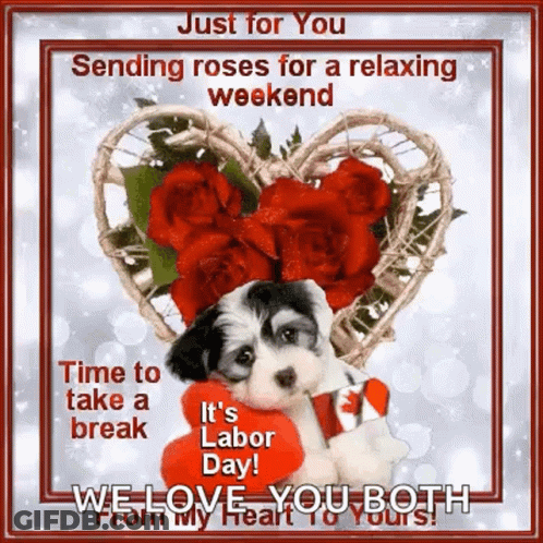 Puppy Holding Red Heart In Front Of Heart-Shaped Rose Basket GIF