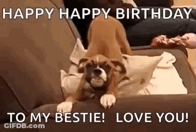Puppy Laying On Couch Saying Happy Happy Birthday To My Bestie Love You GIF