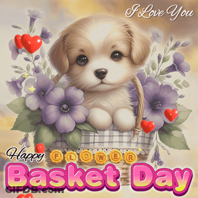 Puppy Sitting In Purple Flower Basket GIF