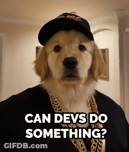 Puppy With Hat And Gold Chain Saying Can Devs Do Something GIF