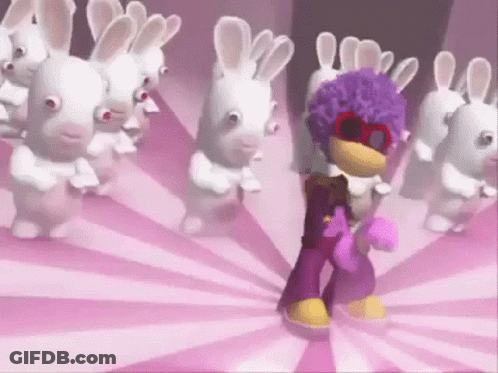 Purple Afro Cartoon Character Dancing With Rabbits GIF