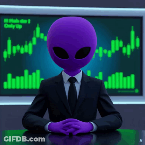 Purple Alien In Suit At Desk Saying Daily Up GIF