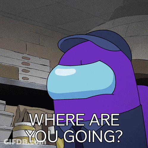Purple Among Us Character With Hat Saying Where Are You Going GIF