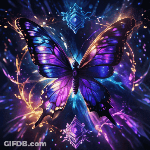 Purple And Blue Butterfly Surrounded By Lights GIF