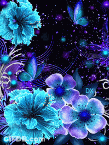 Purple And Blue Flowers With Butterflies On A Black Background GIF