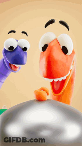 Purple And Orange Cartoon Characters Smiling GIF