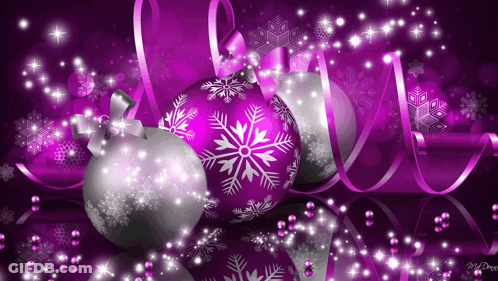 Purple And Silver Christmas Ornaments With Snowflakes On Them On A Purple Background GIF