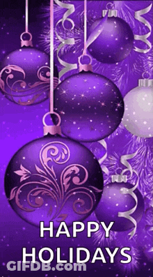 Purple And White Christmas Card With Ornaments Happy Holidays GIF