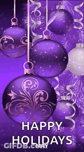 Purple And White Christmas Ornaments Hanging From A String On A Purple Background . GIF