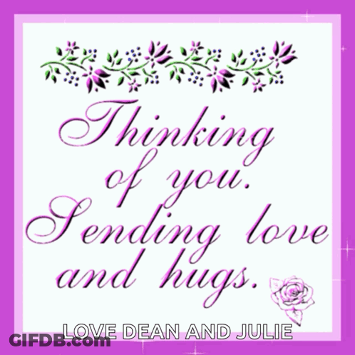 Purple And White Greeting Card Thinking Of You Sending Love And Hugs GIF