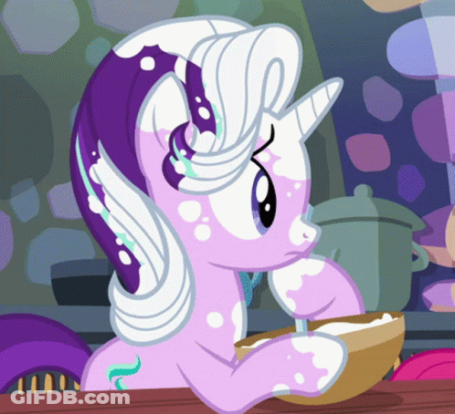 Purple And White Pony With Bowl Of Food GIF