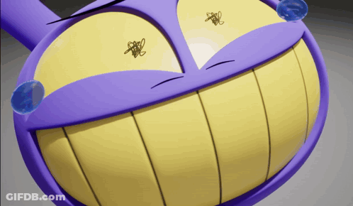 Purple And Yellow Cartoon Character With Big Smile GIF