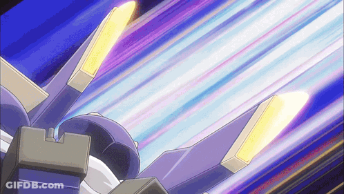 Purple And Yellow Robot Flying Through Blue Sky GIF