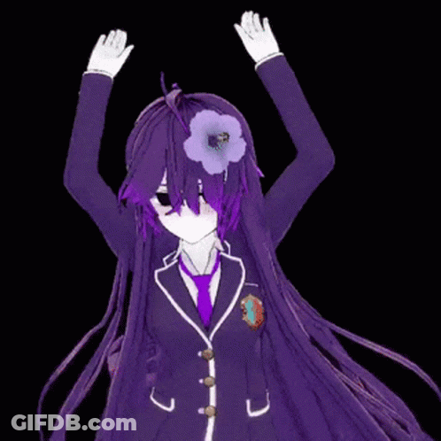 Purple Anime Girl Dancing With Flower And Raised Hands GIF
