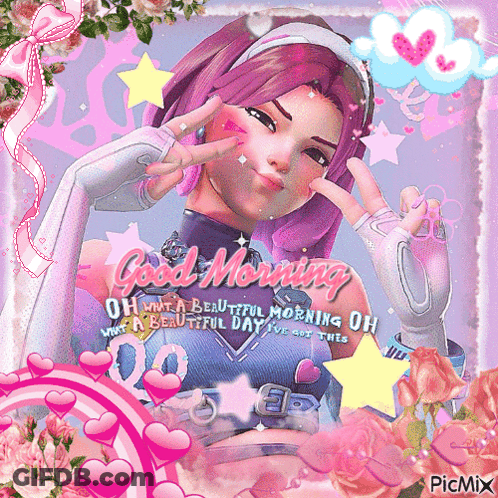 Purple Background Pink Flowers Hearts Good Morning Aiko GIF