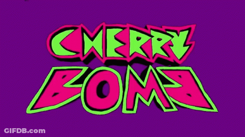 Purple Background With Cherry Bomb In Green And Pink GIF