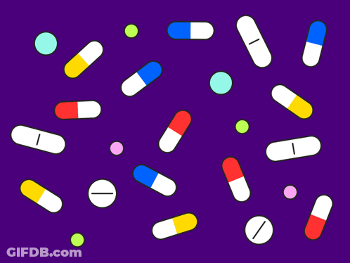 Purple Background With Colored Pills Saying I GIF